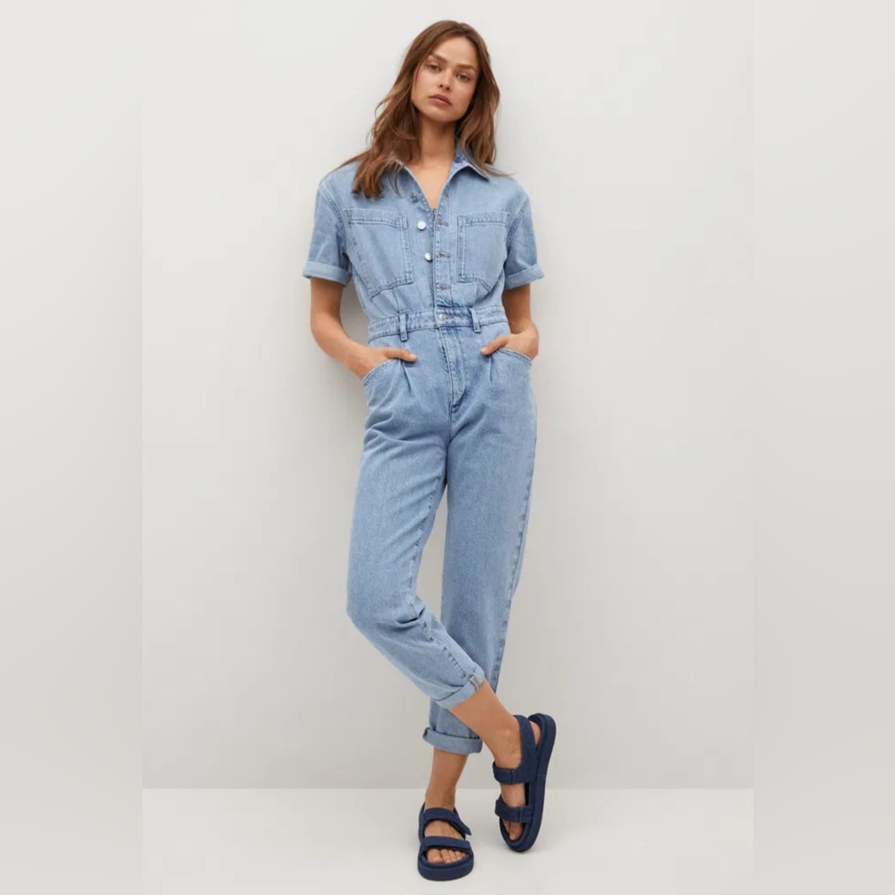 Mango Cotton Denim Jumpsuit Medium Wash Size L Workwear Utility Cargo Spring